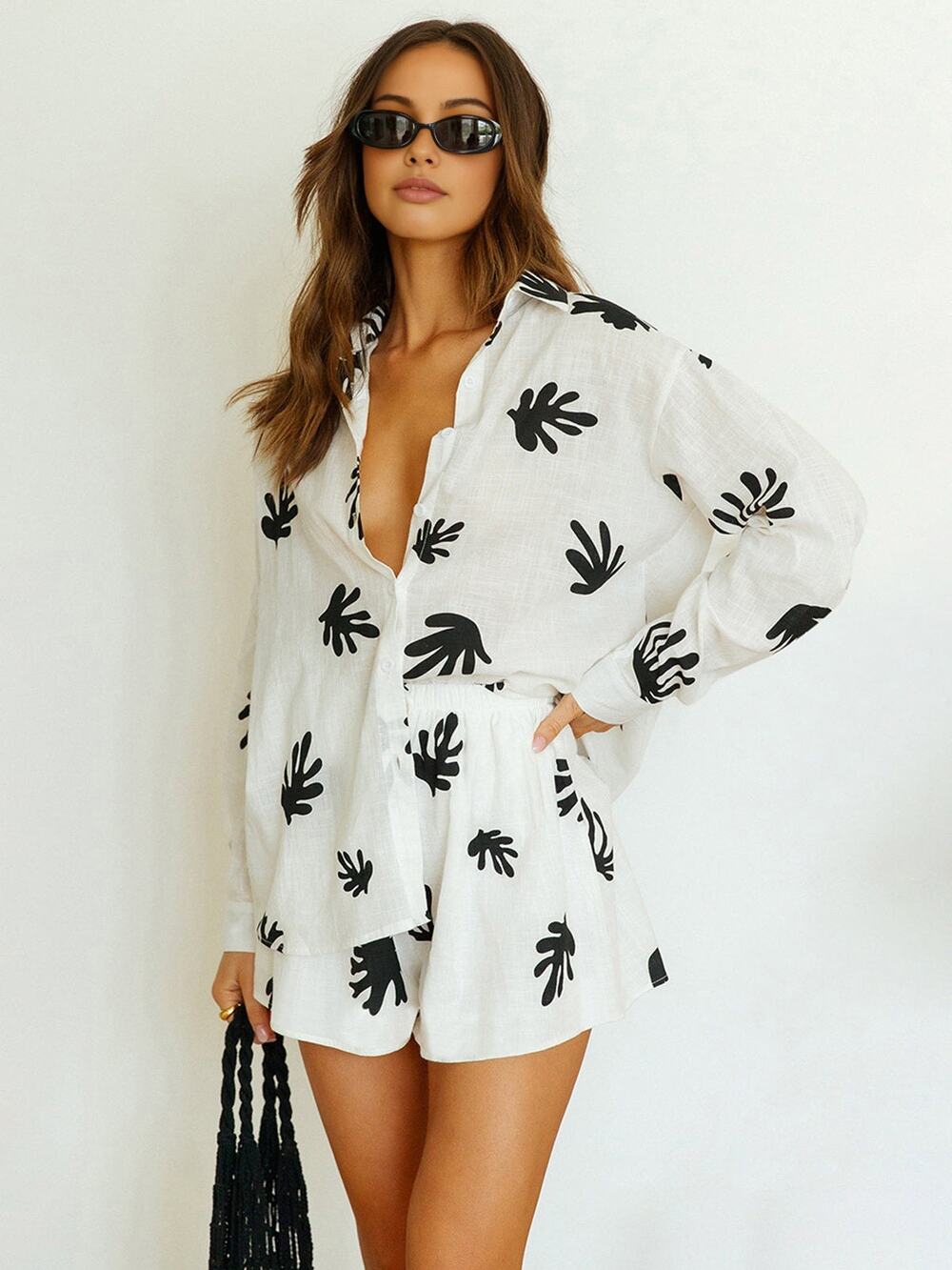 Commense Chill Life Plant Print Casual Relaxed Vacation Top & Short Set White XS
